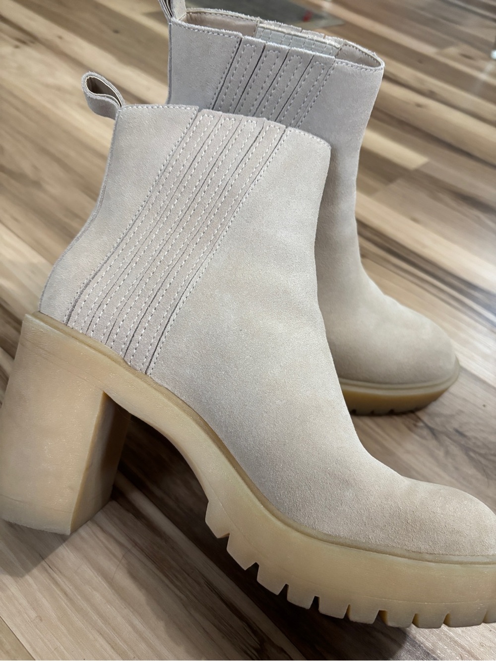 Dolce Vita Cream Suede Lug Sole Block Heel Ankle Boots